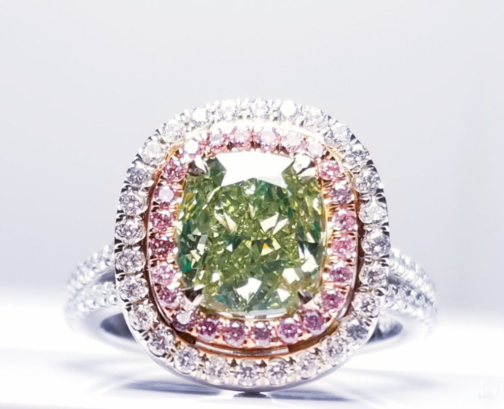 green and pink diamond ring