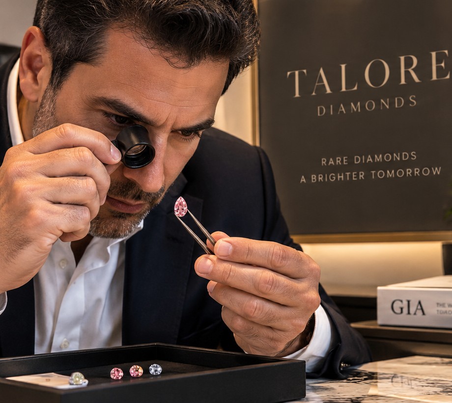 Talore Diamonds specialist examining a diamond with a loupe