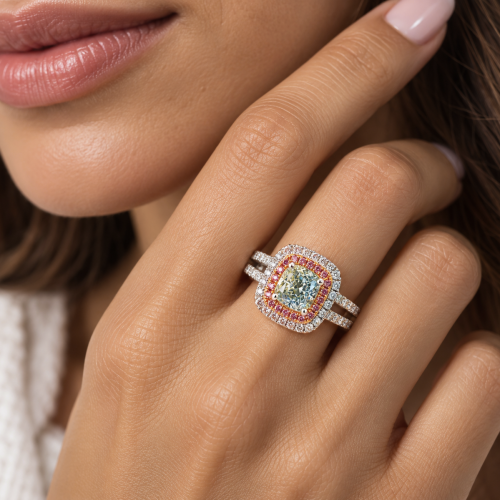 1.50ct Natural Fancy Light Green And Intense Pink Diamonds Ring GIA Engagement
