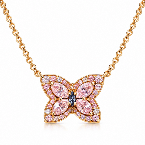Butterfly pink and blue diamonds gold pendant