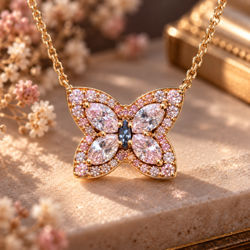 Butterfly pink and blue diamonds gold pendant
