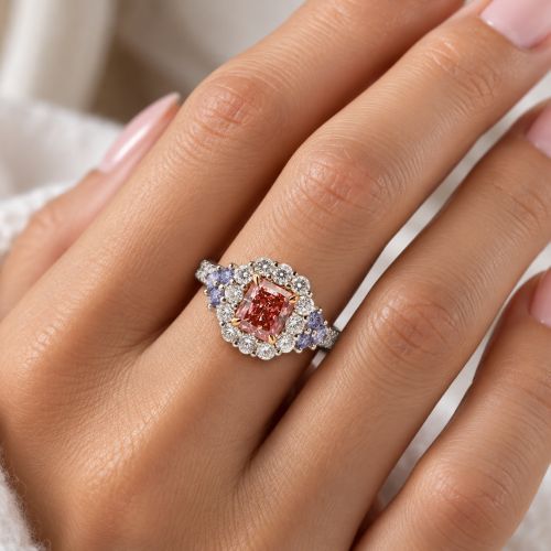 pink diamond ring with argyle blue ring