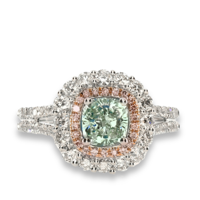 light green and pink diamond ring GIA 18k
