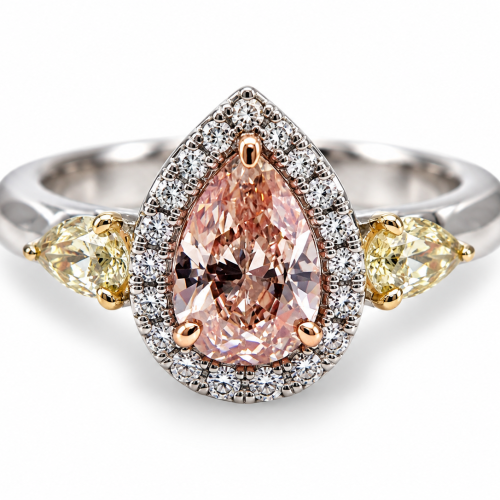 1.55ct Pink Diamond Engagement Ring GIA Pear Hallo Platinum Fancy Pink & Yellow