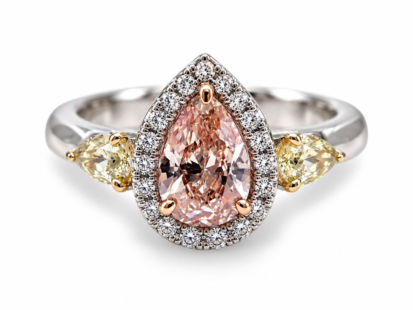 1.55ct Pink Diamond Engagement Ring GIA Pear Hallo Platinum Fancy Pink & Yellow