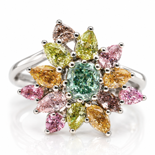 blue green pink diamond ring