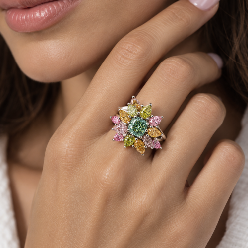 blue green pink diamond ring