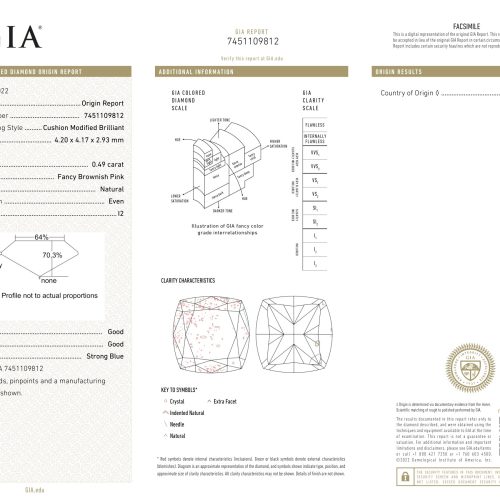 0.49 carat Carat Cushion Modified Brilliant Fancy Brownish Pink I2 GIA Certified Diamond
