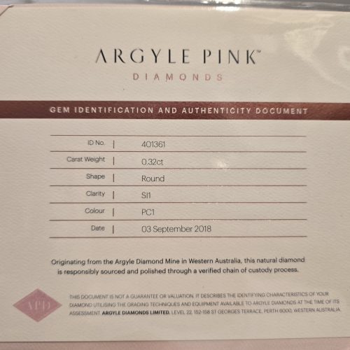 0.32ct Carat Round PC1 SI1 ARGYLE PINK DIAMONDS Certified Diamond