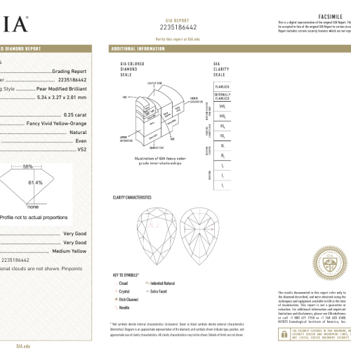 0.25 carat Carat Pear Modified Brilliant Fancy Vivid Yellow-Orange VS2 GIA Certified Diamond