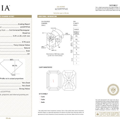 0.70 carat Carat Cut-Cornered Rectangular Mixed Cut Fancy Intense Yellow SI1 GIA Certified Diamond