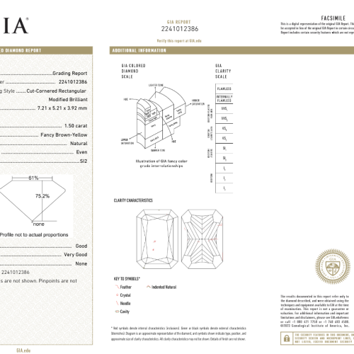1.50 carat Carat Cut-Cornered Rectangular Modified Brilliant Fancy Brown-Yellow SI2 GIA Certified Diamond
