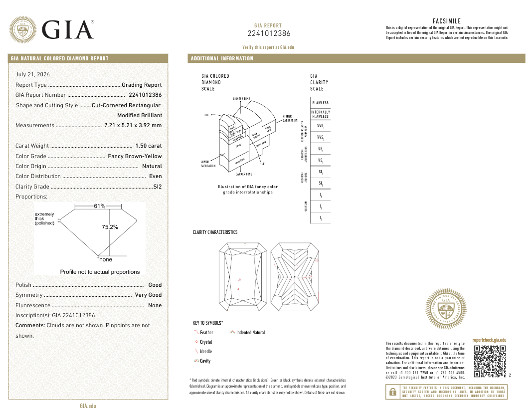 1.50 carat Carat Cut-Cornered Rectangular Modified Brilliant Fancy Brown-Yellow SI2 GIA Certified Diamond