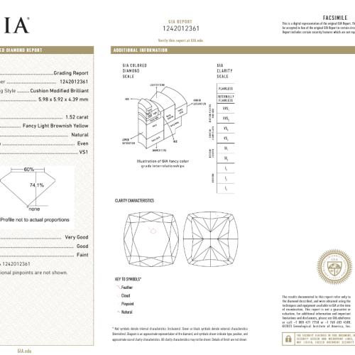 1.52 carat Carat Cushion Modified Brilliant Fancy Light Brownish Yellow VS1 GIA Certified Diamond