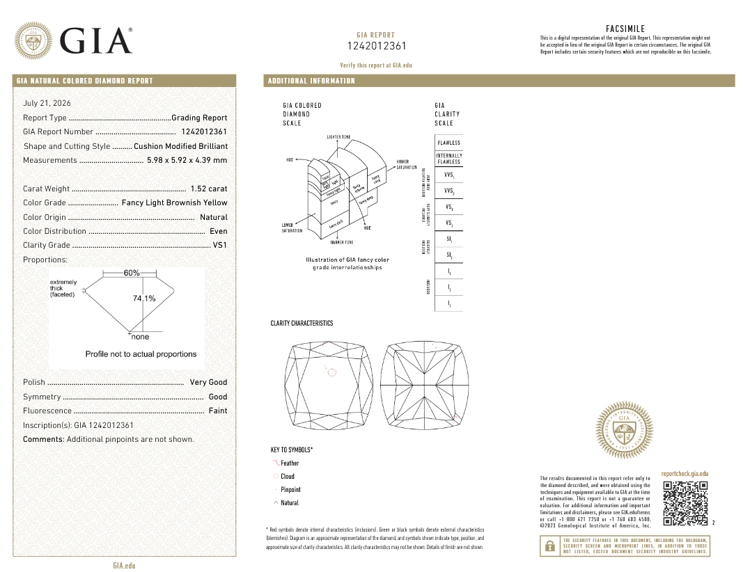 1.52 carat Carat Cushion Modified Brilliant Fancy Light Brownish Yellow VS1 GIA Certified Diamond