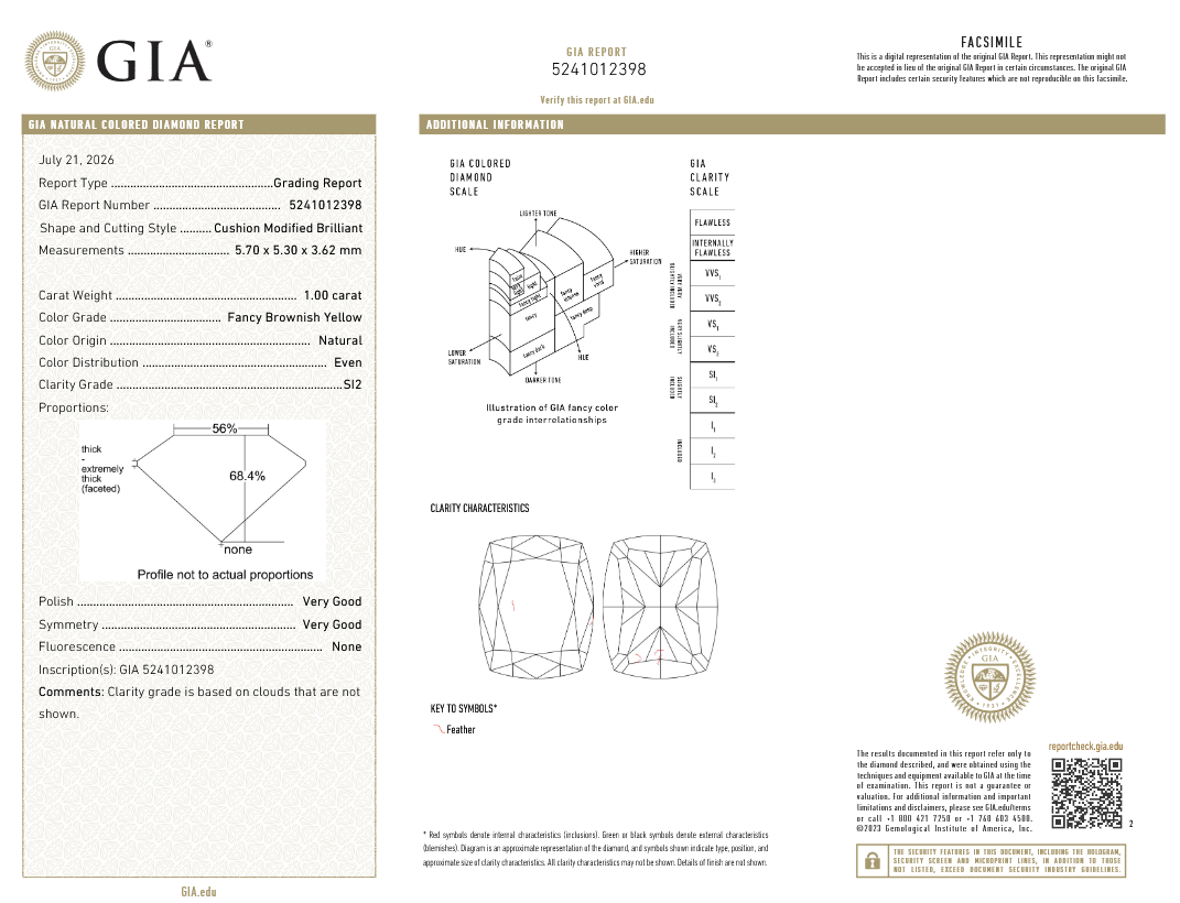 1.00 carat Carat Cushion Modified Brilliant Fancy Brownish Yellow SI2 GIA Certified Diamond