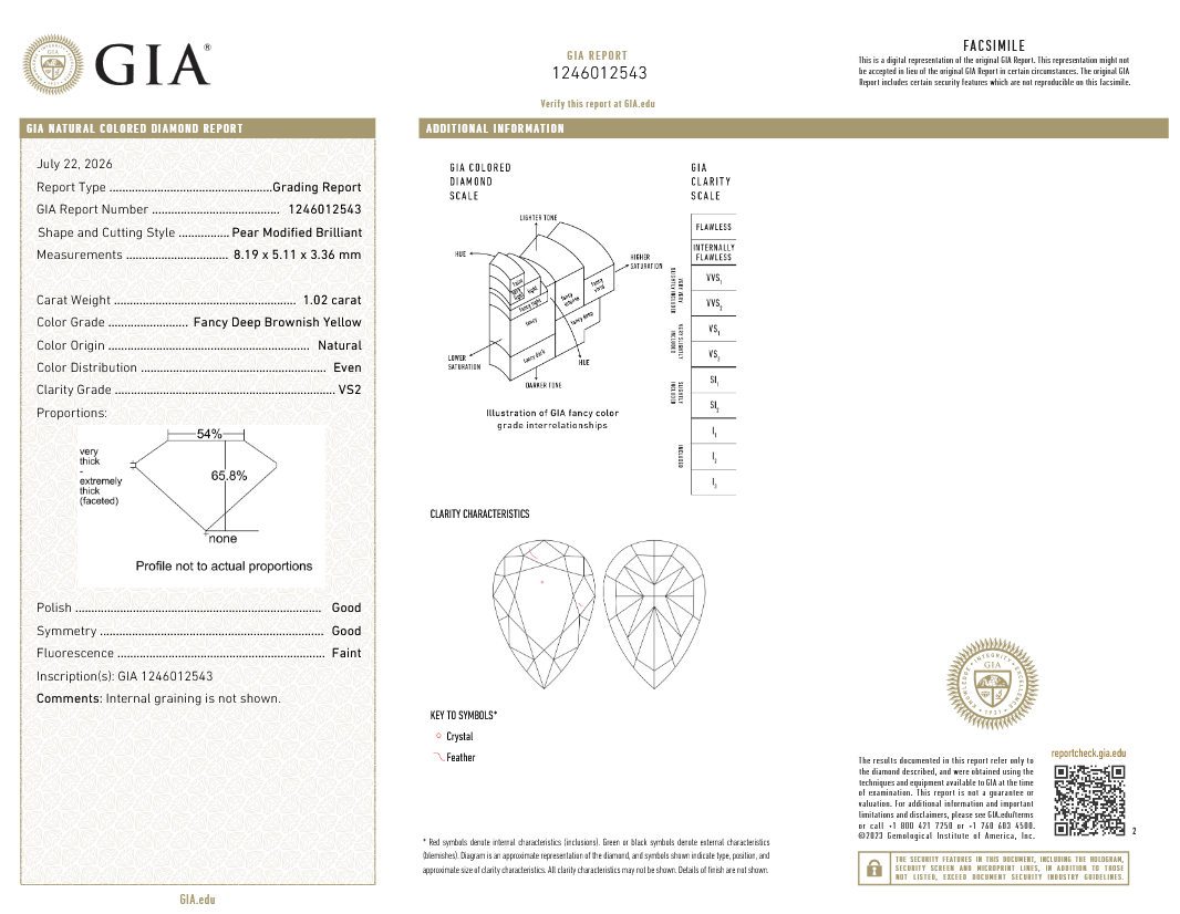 1.02 carat Carat Pear Modified Brilliant Fancy Deep Brownish Yellow VS2 GIA Certified Diamond