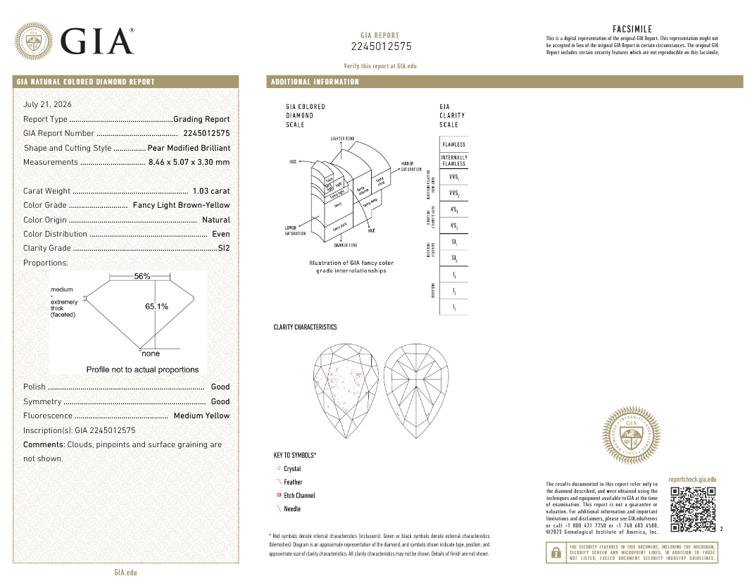 1.03 carat Carat Pear Modified Brilliant Fancy Light Brown-Yellow SI2 GIA Certified Diamond