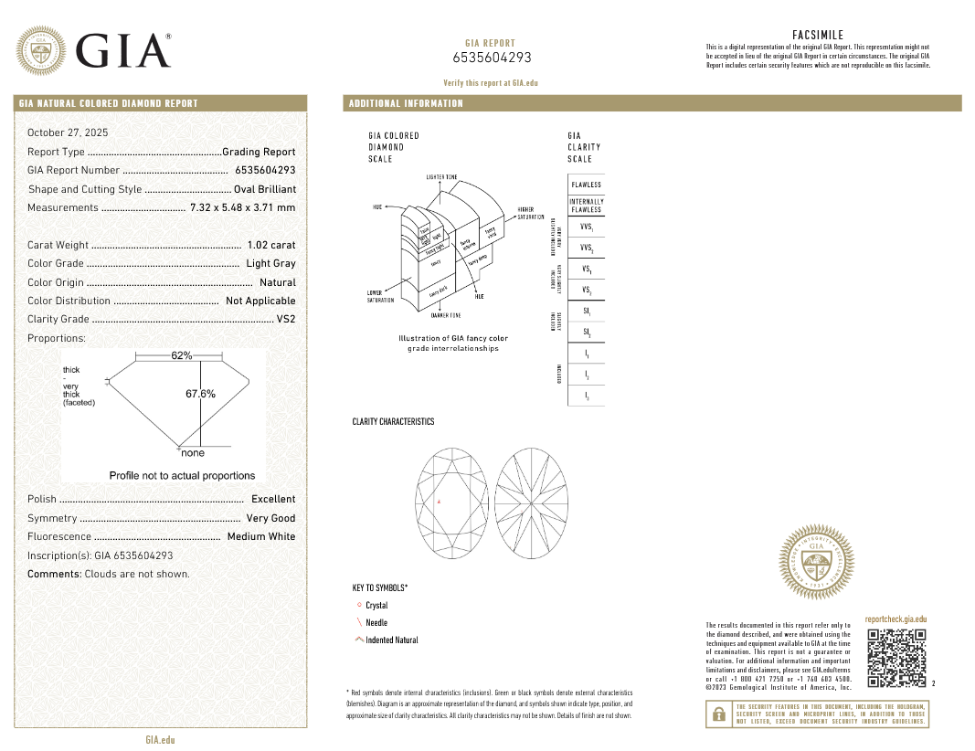 1.02 carat Carat Oval Brilliant Light Gray VS2 GIA Certified Diamond