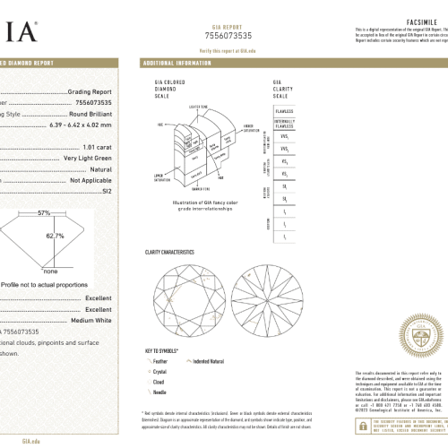 1.01 carat Carat Round Brilliant Very Light Green SI2 GIA Certified Diamond