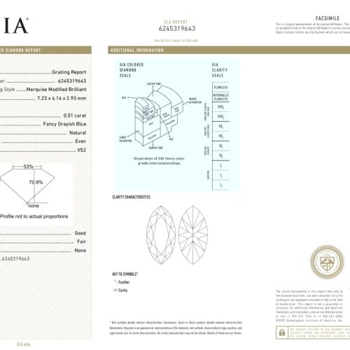 0.51 carat Carat Marquise Modified Brilliant Fancy Grayish Blue VS2 GIA Certified Diamond