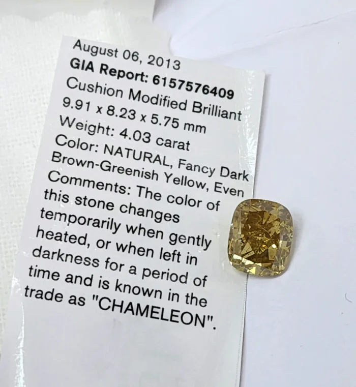 4.03ct Chameleon Diamond - Natural Loose Fancy  Brown Green Yellow Color Cushion - Image 3