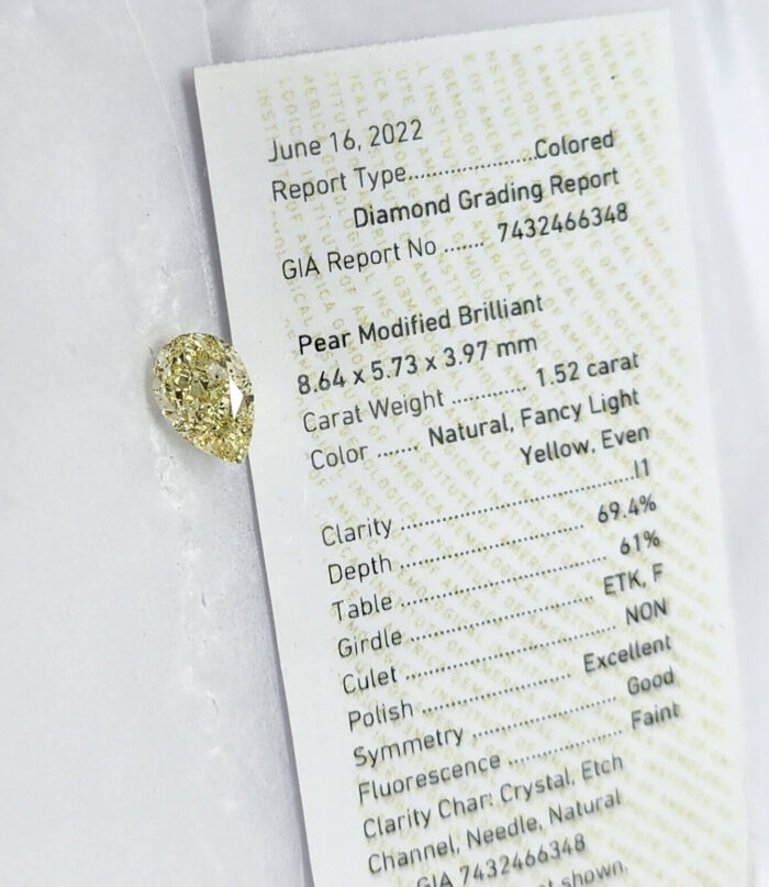 1.52ct Yellow Diamond - Natural Loose Fancy Light Yellow Color GIA Pear - Image 4