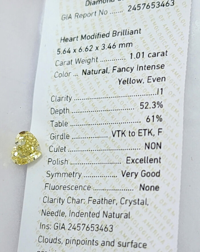 1.01ct Yellow Diamond - Natural Loose Fancy Intense Yellow Color GIA Heart - Image 5