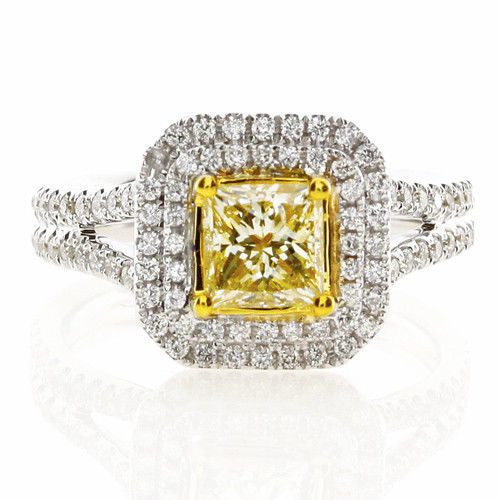 Real 1.51ct Natural Fancy Yellow Diamonds Engagement Ring 18K Solid Gold Radiant
